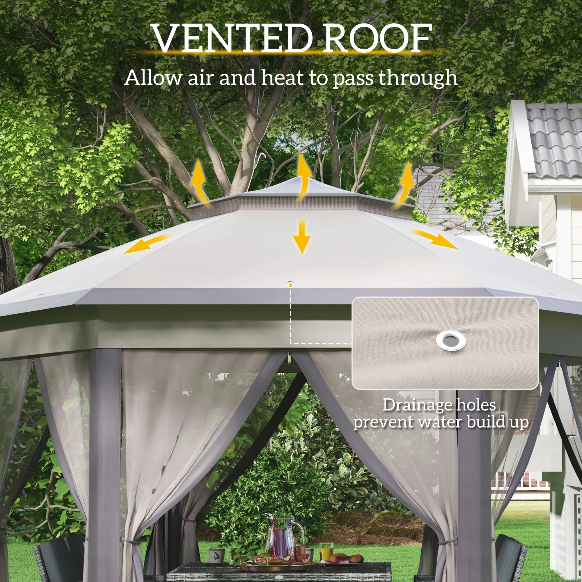13' x 13' Hexagonal Pop-Up Gazebo Shelter with 6 Zippered Mesh Netting, Coffee and Beige