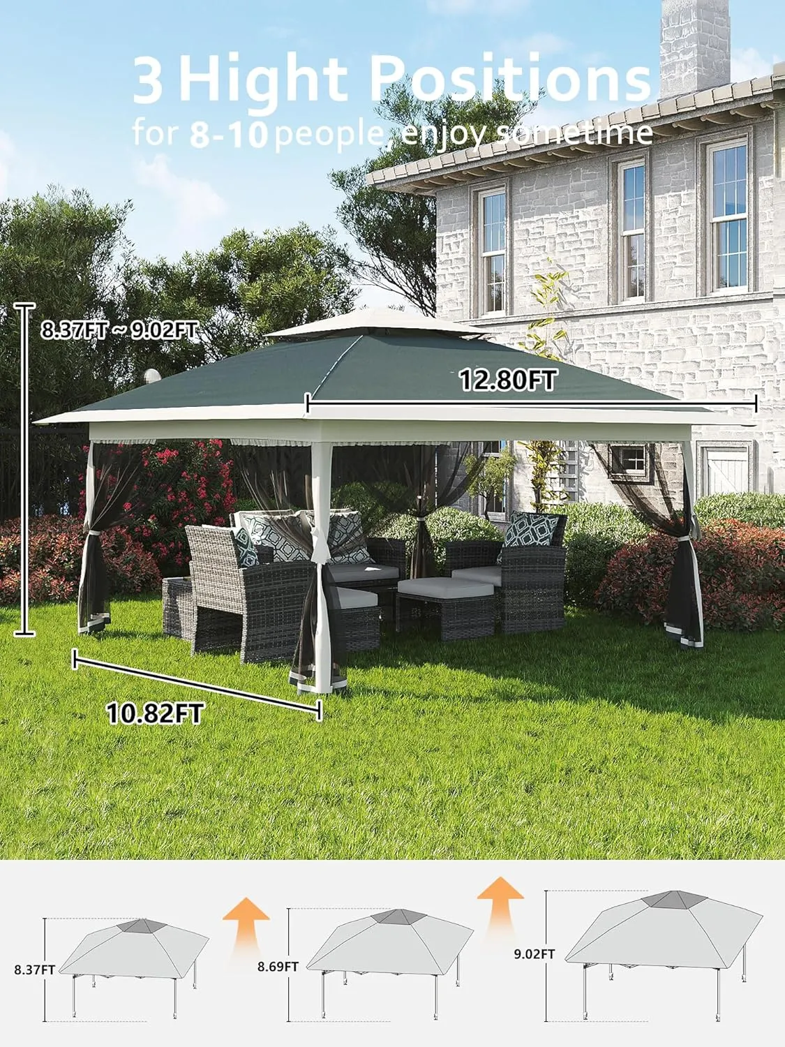 13x13FT Pop Up Gazebo,Canopy Tent with Mosquito Netting,Outdoor Patio Gazebo,Backyard Tent for Party,Wedding,Outdoor Dining(Dark Army Green Hemp Grey)