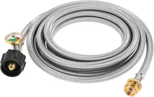 15 FT Propane Adapter Hose with Gauge, 1 lb to 20 lb Stainless Braided Hose for QCC1/Type1 Tank Connects, Compatible with Coleman Camp Stove, Buddy Heater and More 1lb Portable Appliance