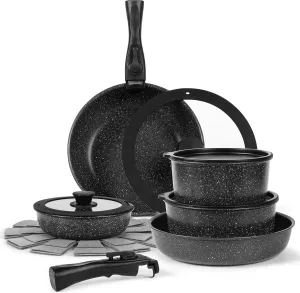 15-Piece Premium Nonstick Cookware Set – Marble Coated Pots & Pans (Interior & Exterior), Removable Handle, Space-Saving for RVs & Small Kitchens, Induction & Oven Safe, PFOA-Free