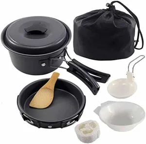 15PCS Portable Outdoor Camping Cookware Set, Nonstick Aluminum Pots, Pans, Kettle, Plates, Bowls, and Spoon for Hiking, Backpacking, Picnic – Ideal for 3-5 People15PCS Portable Outdoor Camping Cookwar