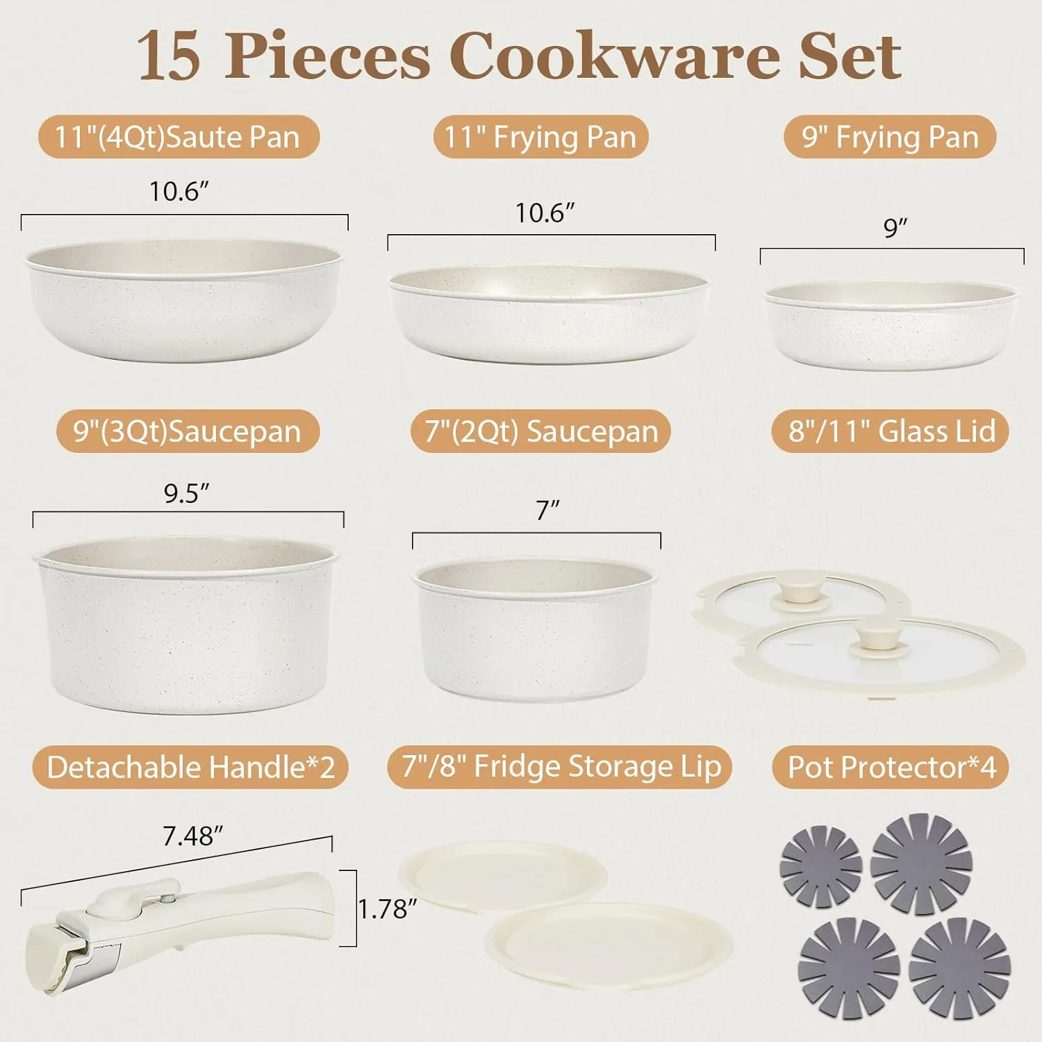 15Pcs Pots and Pans Set Non Stick, Cookware Sets with Detachable Handle, Nonstick RV Kitchen Cooking Tools Removable Handles, Oven Safe, Induction Fast, Stackable Induction Cookware, White