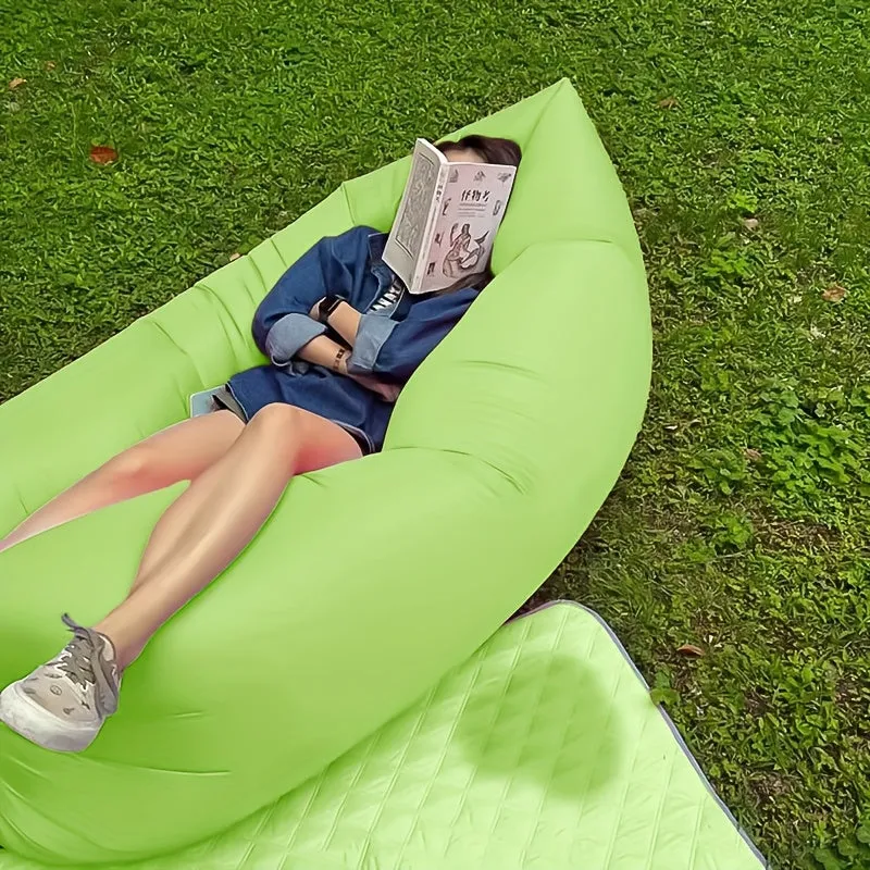 1pc Green Portable Air Lounger - Quick-Inflate Inflatable Sofa, Polyester Fabric, Includes Carrying Case, Ideal for Camping and Outdoor Leisure