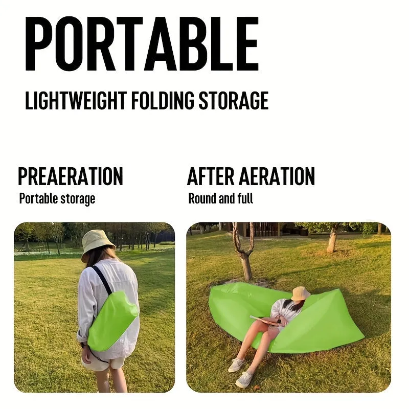 1pc Green Portable Air Lounger - Quick-Inflate Inflatable Sofa, Polyester Fabric, Includes Carrying Case, Ideal for Camping and Outdoor Leisure