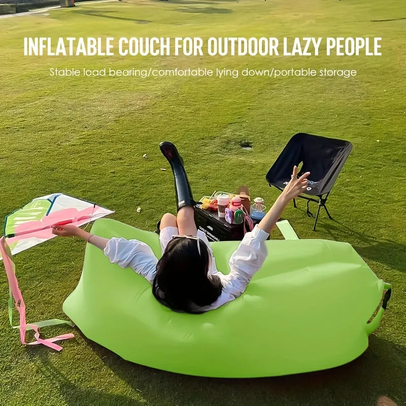 1pc Green Portable Air Lounger - Quick-Inflate Inflatable Sofa, Polyester Fabric, Includes Carrying Case, Ideal for Camping and Outdoor Leisure
