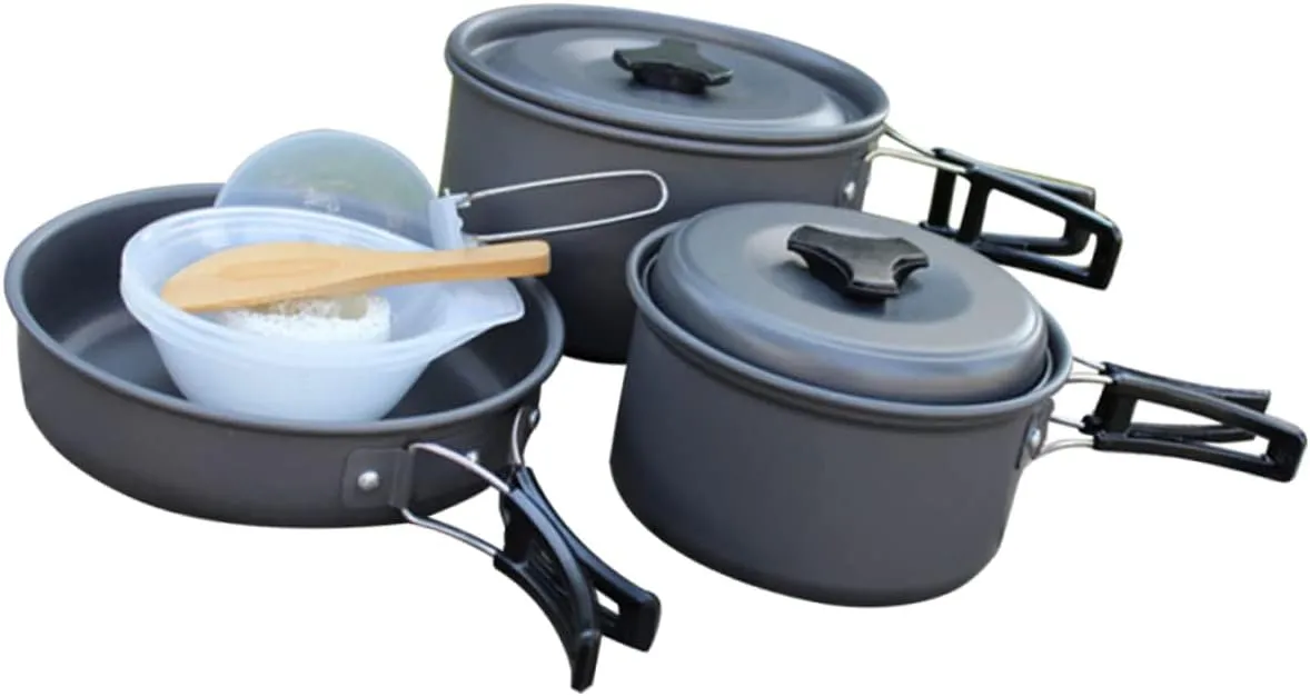 1set Camping Cookware Kit Person Portable Folding Cooking Non-Stick Pots Frying Pan Bowls and Mesh Bag for Outdoor Camping Backpacking Hiking and Picnics