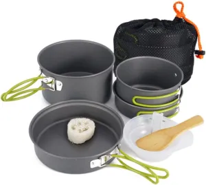 1set Outdoor Cookware Camping Nonstick for Hiking Fishing Includes Pans Frying Pan Bowls Spoon Spatula Compact Storage Bag Black