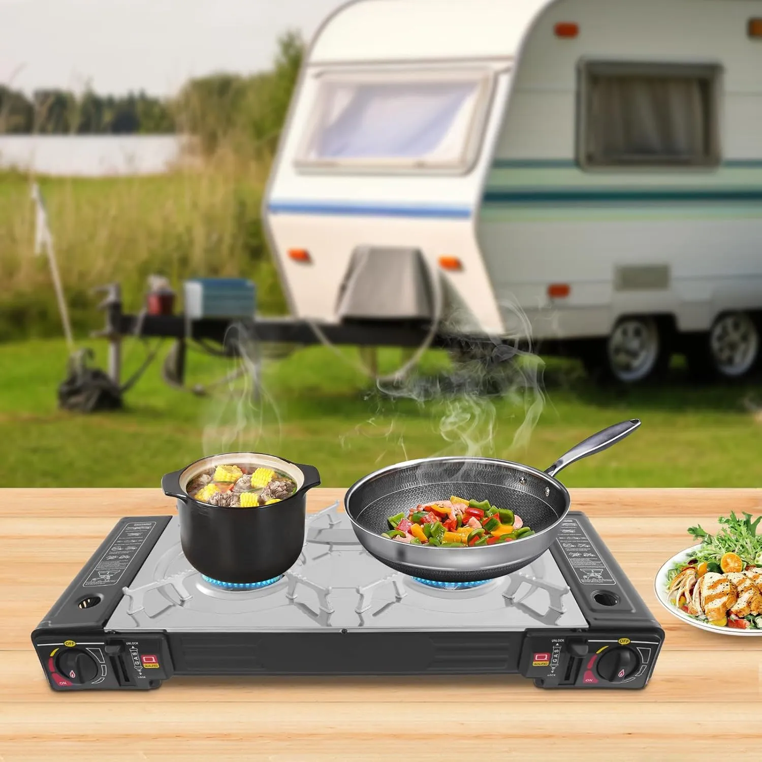 2-Burner Butane Camping Stove, Portable Camping Cooktop, Countertop Double Burner Camp Stove with Baking Pan & Carrying Case, Auto Ignition Camping Burner for RV, BBQ