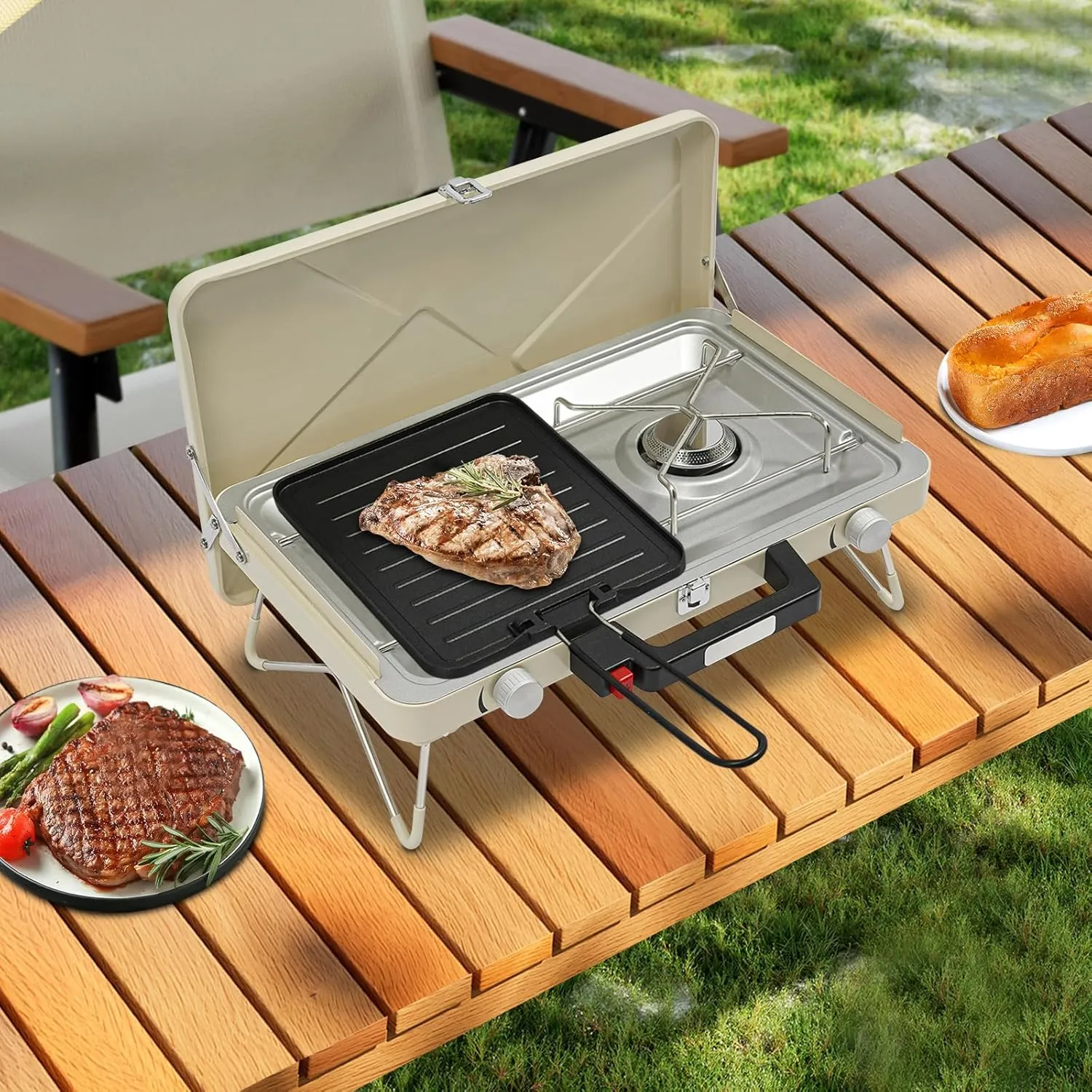 2-Burner Camping Stove, Portable Camping Grill/Stove with Non-sticking Coating Grill Tray, Wind Guards, Tabletop Cooktop with Piezoelectric Ignition, 2 x 3500W of Power