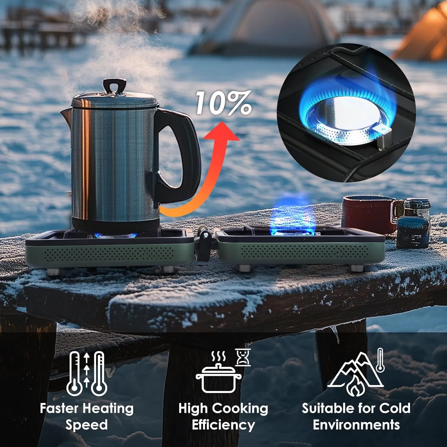 2 Burner Camping Stove with Carrying Bag,Windscreen&Table, Foldable Propane Camp Stove with 17,200 BTU for Camping, Outdoor Cooking, Portable Gas Stove with Adjustable Burner for BBQ,Green