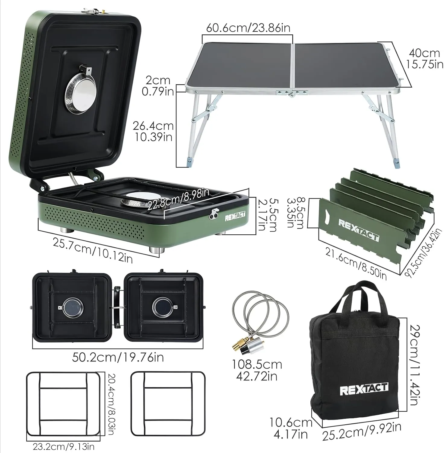 2 Burner Camping Stove with Carrying Bag,Windscreen&Table, Foldable Propane Camp Stove with 17,200 BTU for Camping, Outdoor Cooking, Portable Gas Stove with Adjustable Burner for BBQ,Green