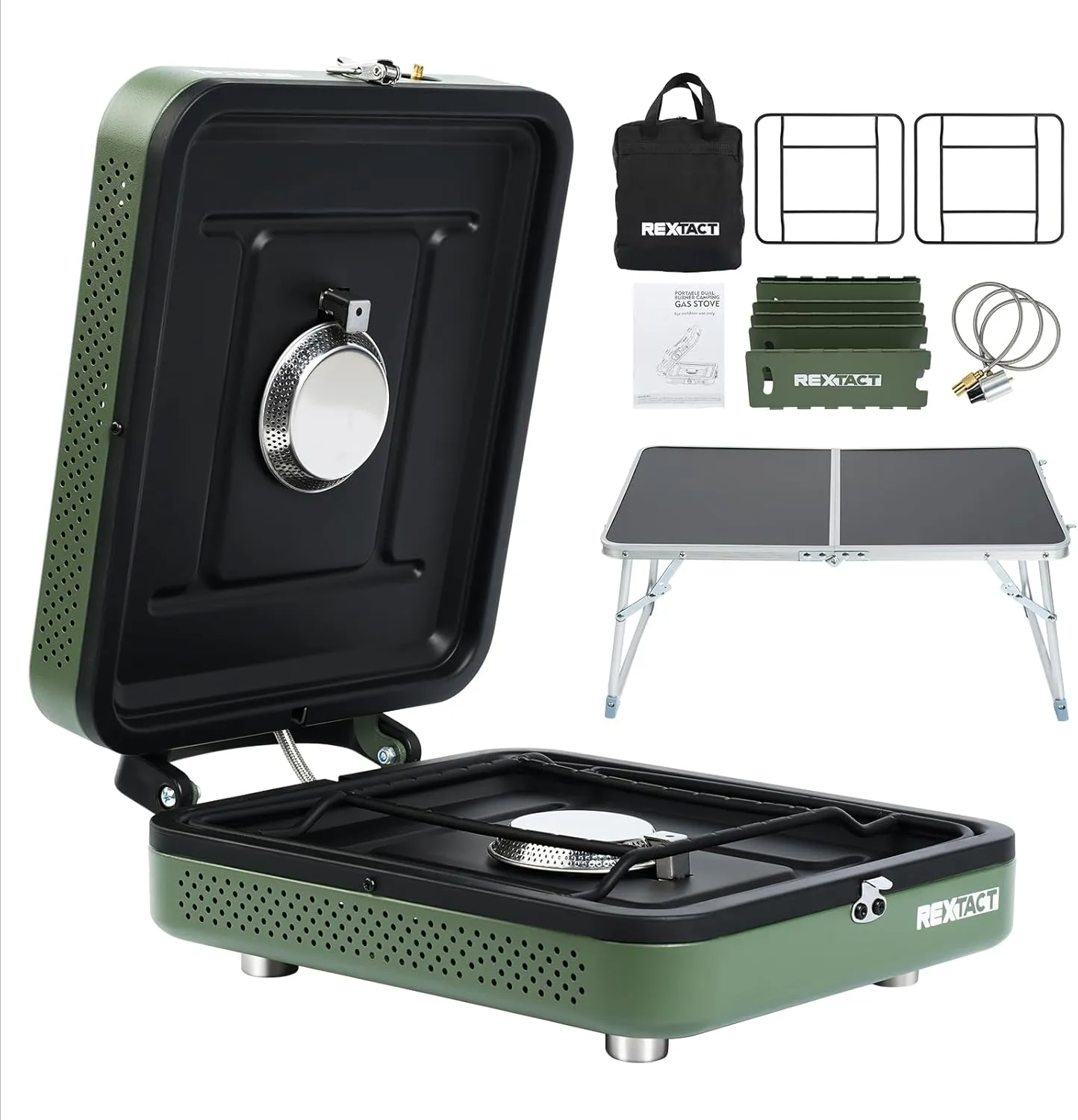 2 Burner Camping Stove with Carrying Bag,Windscreen&Table, Foldable Propane Camp Stove with 17,200 BTU for Camping, Outdoor Cooking, Portable Gas Stove with Adjustable Burner for BBQ,Green