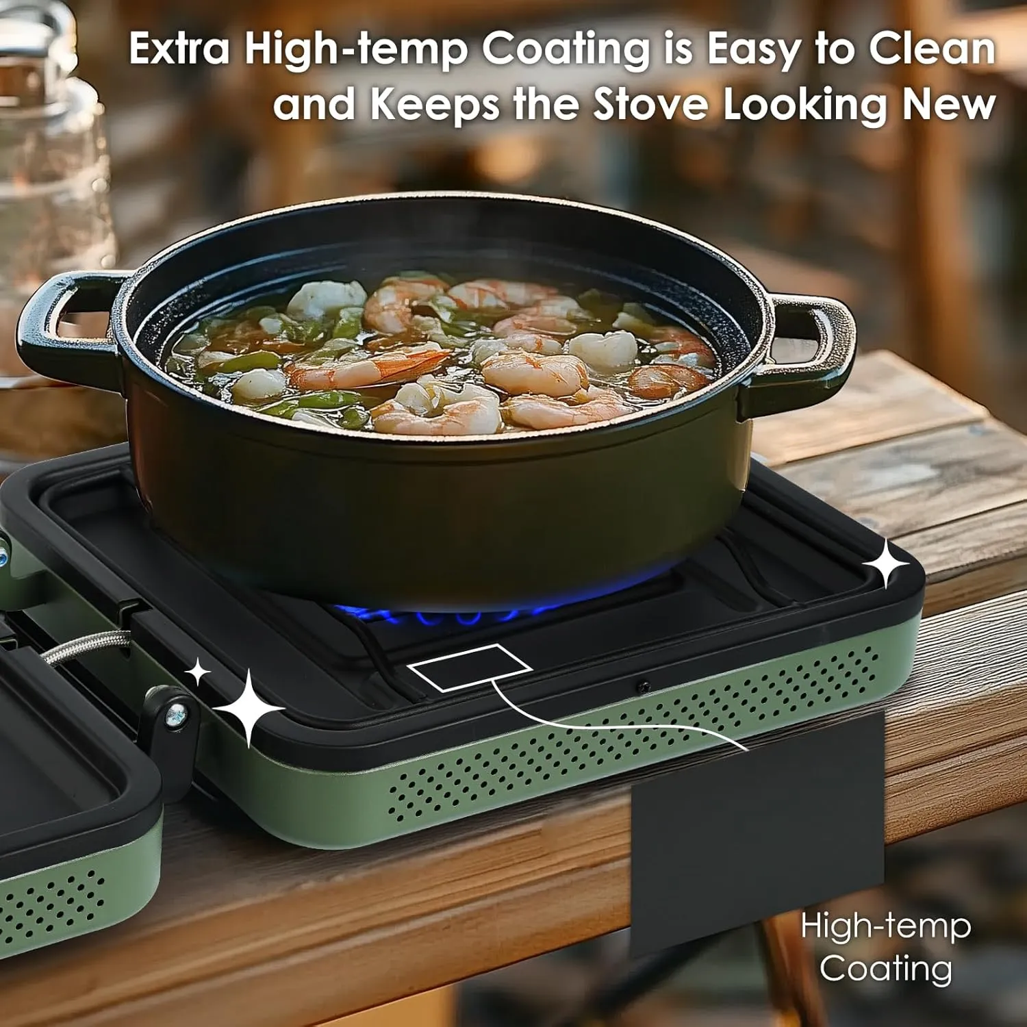 2 Burner Camping Stove with Carrying Bag,Windscreen&Table, Foldable Propane Camp Stove with 17,200 BTU for Camping, Outdoor Cooking, Portable Gas Stove with Adjustable Burner for BBQ,Green