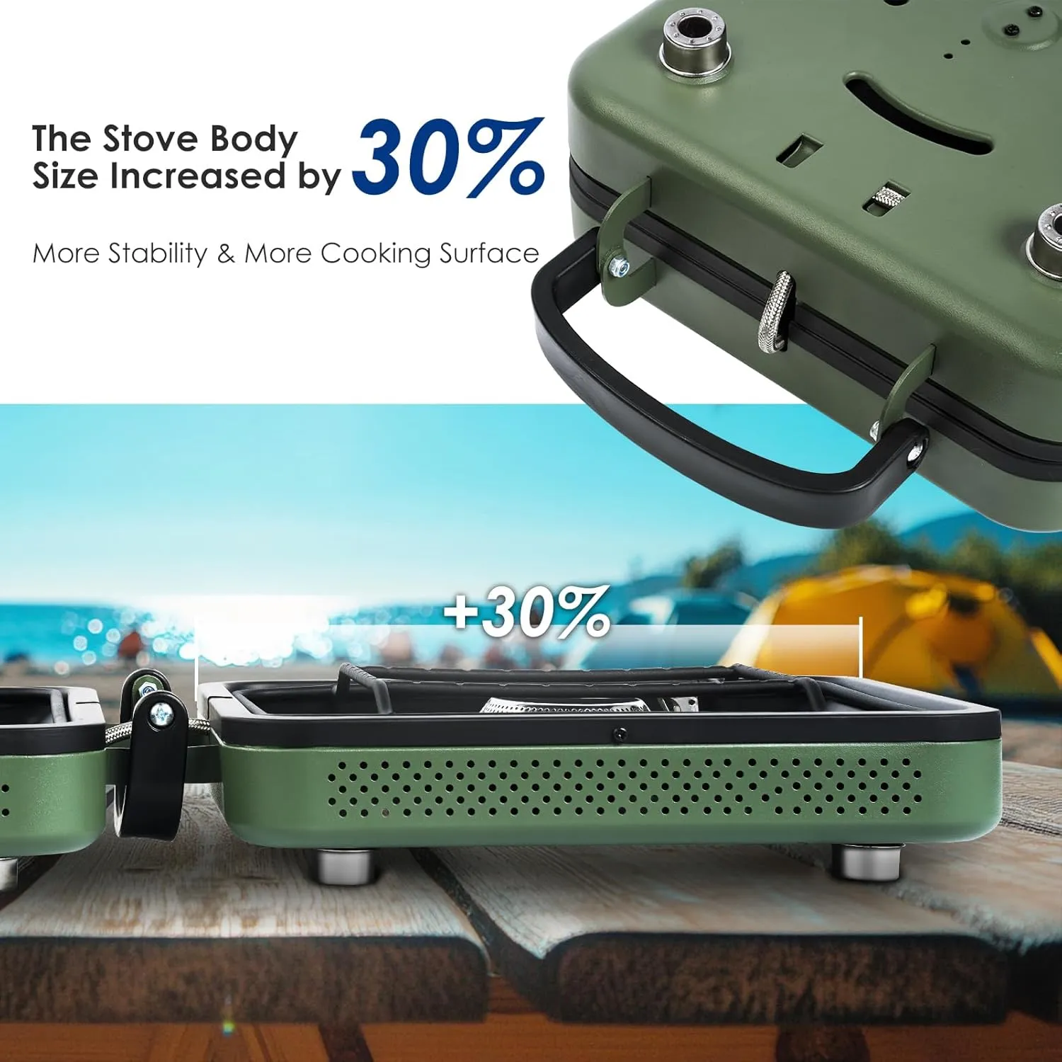 2 Burner Camping Stove with Carrying Bag,Windscreen&Table, Foldable Propane Camp Stove with 17,200 BTU for Camping, Outdoor Cooking, Portable Gas Stove with Adjustable Burner for BBQ,Green