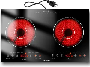 2 Burner Electric Cooktop 110v, 24 Inch Electric Stove Countertop & Built-in, Plug-in Electrics Cooktop, 8 Power Levels & 8 Functions, Touch Control, Safety Lock, Timer, 2000W, Karienvir