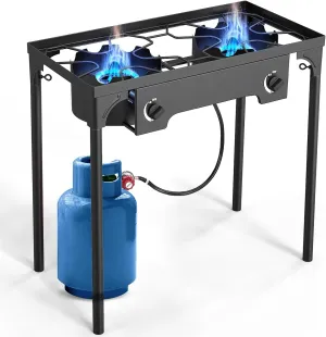 2 Burner Gas Stove, 150,000BTU Propane Burners for Outdoor Cooking With 0-20 PSI Adjustable Regulator and 4ft Hose, Cooking Stove for Patio Backyard Camping With Detachable Stand Legs