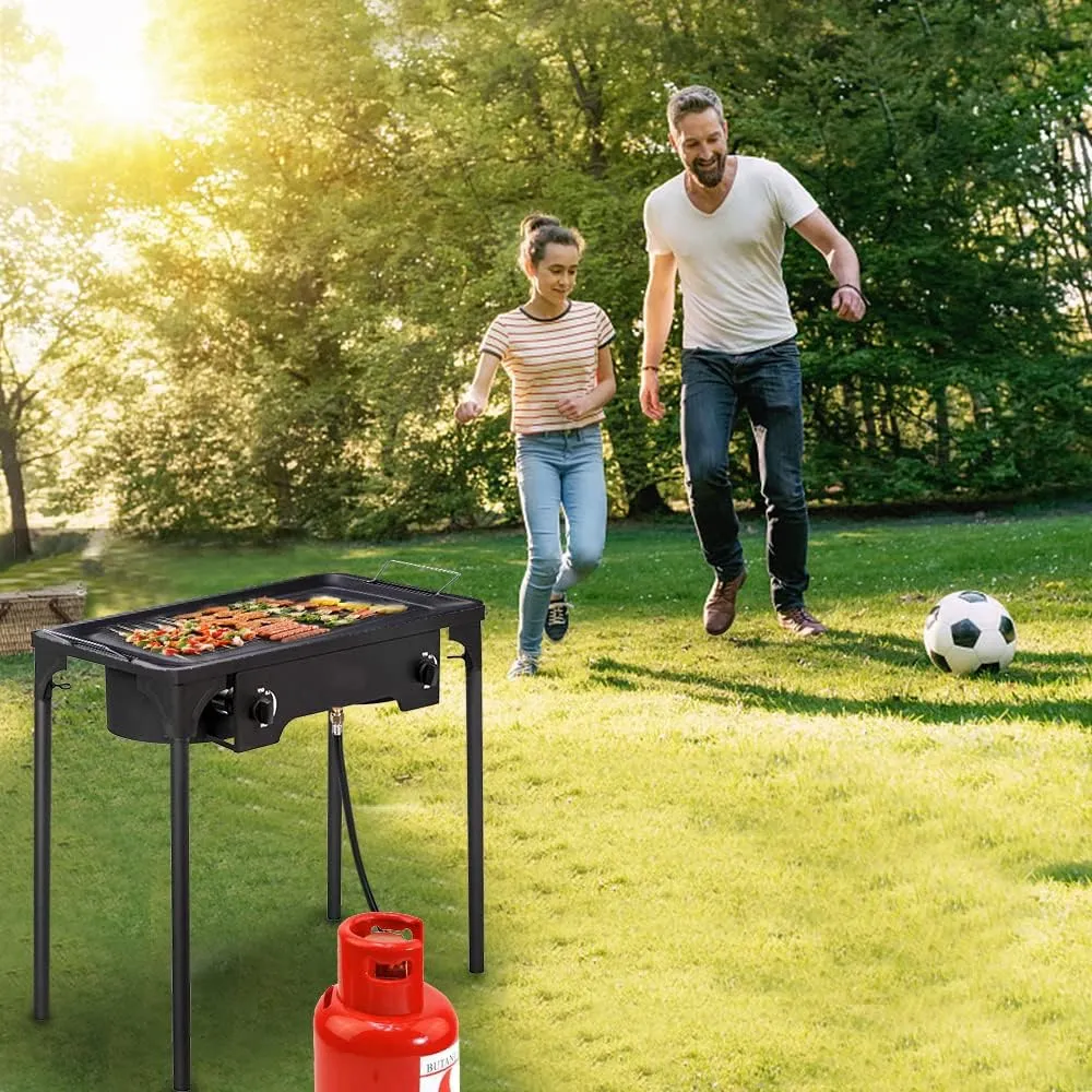 2 Burner Gas Stove, 150,000BTU Propane Burners for Outdoor Cooking With 0-20 PSI Adjustable Regulator and 4ft Hose, Cooking Stove for Patio Backyard Camping With Detachable Stand Legs