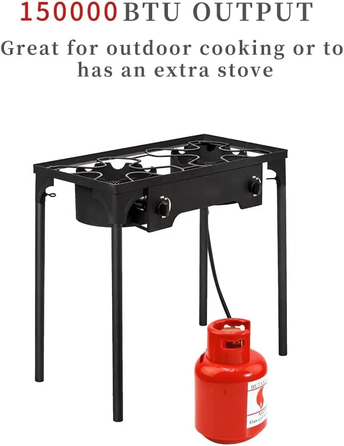 2 Burner Gas Stove, 150,000BTU Propane Burners for Outdoor Cooking With 0-20 PSI Adjustable Regulator and 4ft Hose, Cooking Stove for Patio Backyard Camping With Detachable Stand Legs