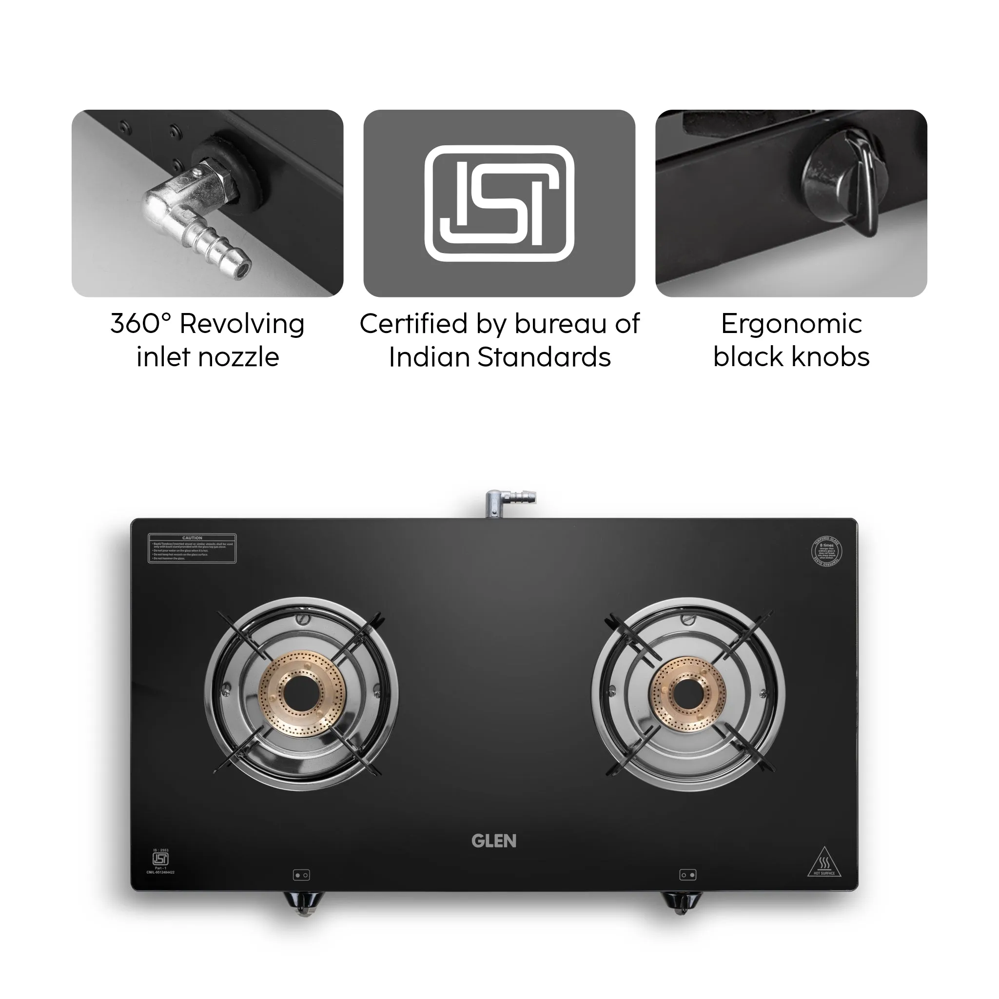 2 Burner Glass Gas Stove Jumbo with Brass Burner Black (CT1020GTJMBB)