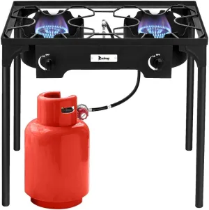 2 Burner Outdoor Camping Stove Portable Propane Gas Burners for Camping Cooking, 150,000 BTU High Pressure Cast Iron Outdoor Camping Burner with CSA Listed Regulator, Detachable Legs