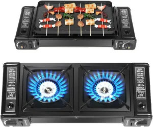 2-Burner Portable Camp Stove, Dual Burner Butane Camping Stove with Grill Tray - 7848 BTU High-Power Outdoor Gas Stove for Camping, Hiking, Picnics - Compact, Lightweight & Safe with Piezo Ignition