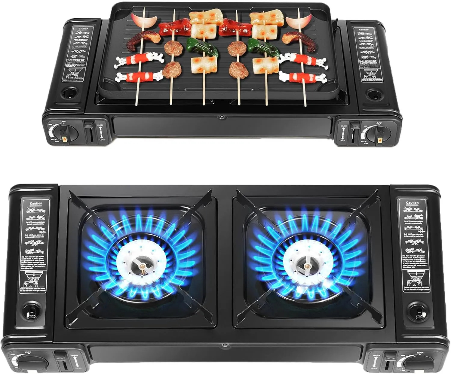 2-Burner Portable Camp Stove, Dual Burner Butane Camping Stove with Grill Tray - 7848 BTU High-Power Outdoor Gas Stove for Camping, Hiking, Picnics - Compact, Lightweight & Safe with Piezo Ignition