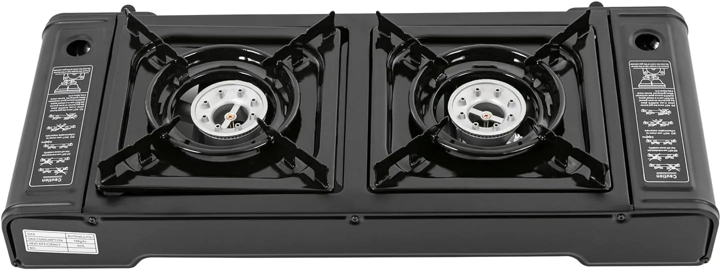 2-Burner Portable Camping Stove Butane Cooktop with Grill Tray, Adjustable Flame and Safety Lock, Travel Carry Case for Hiking and Picnics