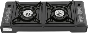 2-Burner Portable Camping Stove Butane Cooktop with Grill Tray, Adjustable Flame and Safety Lock, Travel Carry Case for Hiking and Picnics