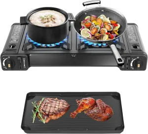 2-Burner Portable Camping Stove, Double Burner Butane Stove, Butane Camping Stove Kit with Grill Tray and Carrying Case, Outdoor Travel Camp Stove for Camping, BBQ, Home