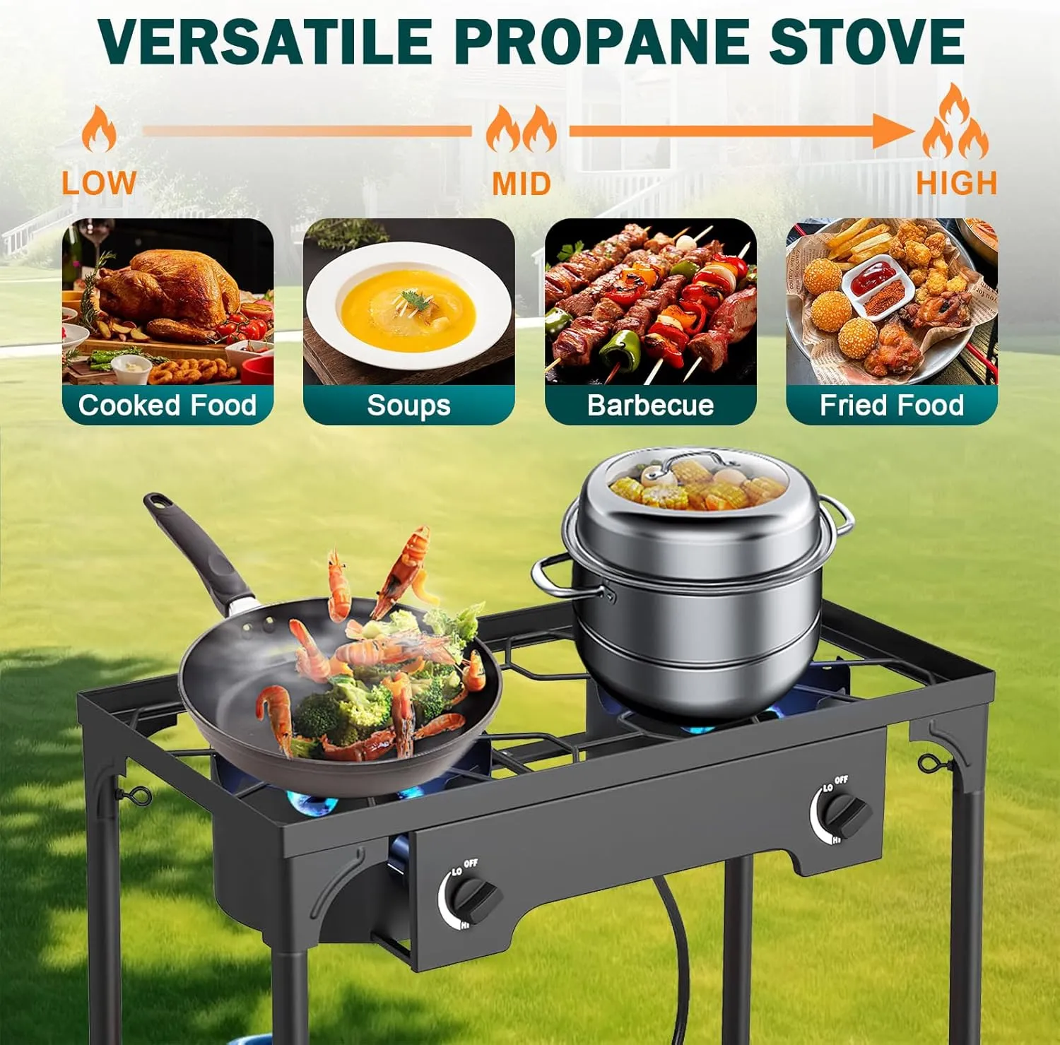 2 Burner Propane Gas Stove | 150K BTU High-Pressure Outdoor Cooker with Adjustable Regulator, Detachable Legs, Portable for Camping & Patio | Parrillas estufas de gas portátiles para cocinar afuera