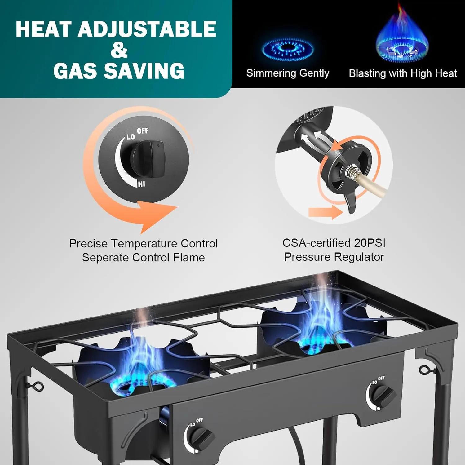 2 Burner Propane Gas Stove | 150K BTU High-Pressure Outdoor Cooker with Adjustable Regulator, Detachable Legs, Portable for Camping & Patio | Parrillas estufas de gas portátiles para cocinar afuera