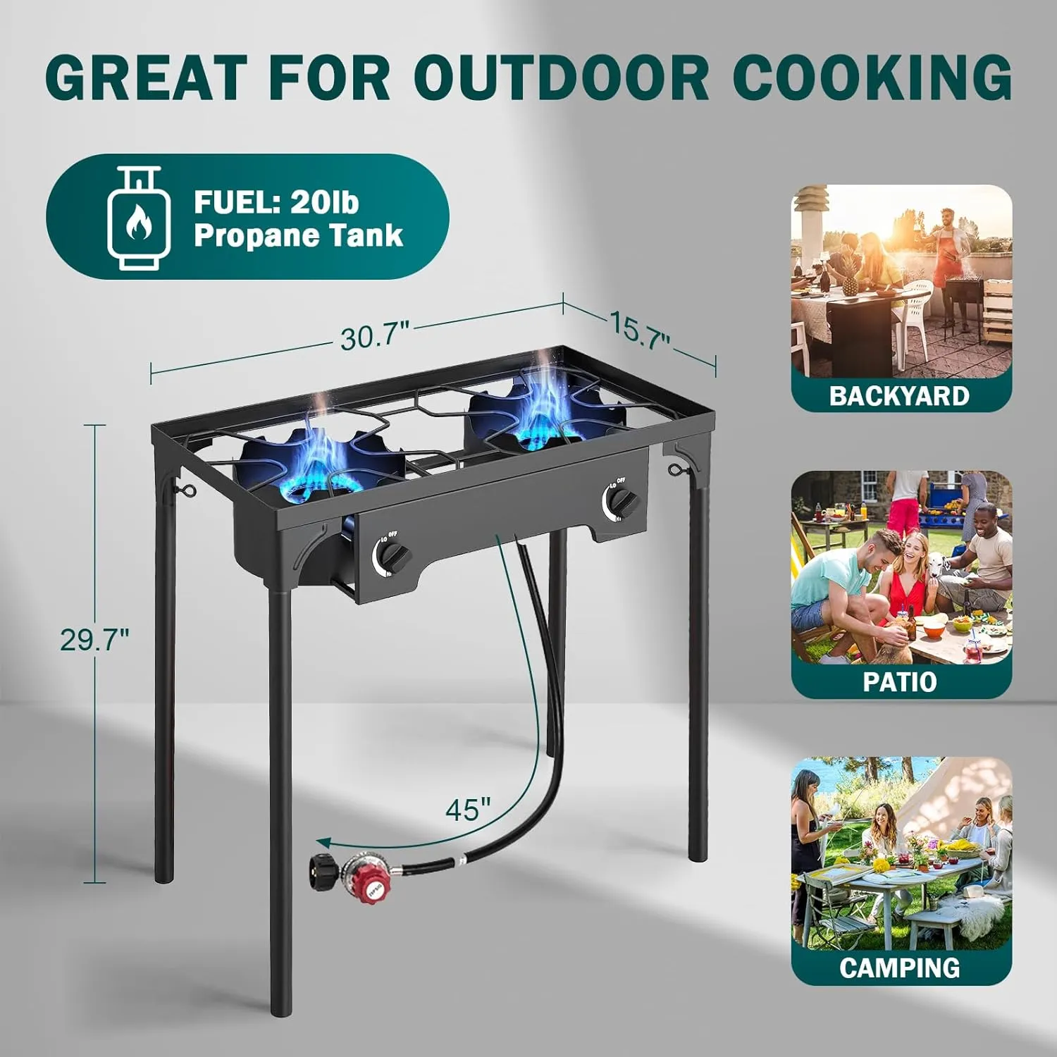 2 Burner Propane Gas Stove | 150K BTU High-Pressure Outdoor Cooker with Adjustable Regulator, Detachable Legs, Portable for Camping & Patio | Parrillas estufas de gas portátiles para cocinar afuera