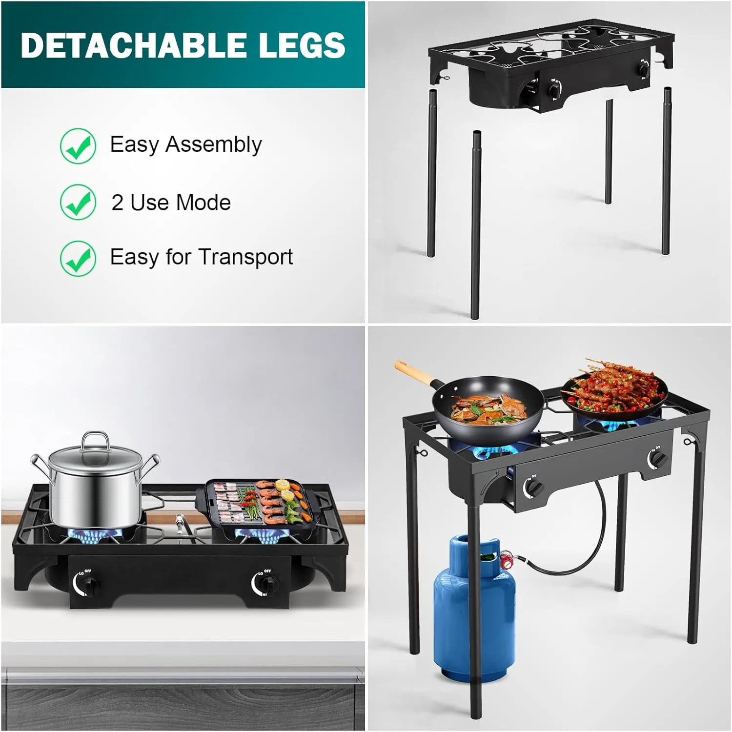 2 Burner Propane Gas Stove | 150K BTU High-Pressure Outdoor Cooker with Adjustable Regulator, Detachable Legs, Portable for Camping & Patio | Parrillas estufas de gas portátiles para cocinar afuera