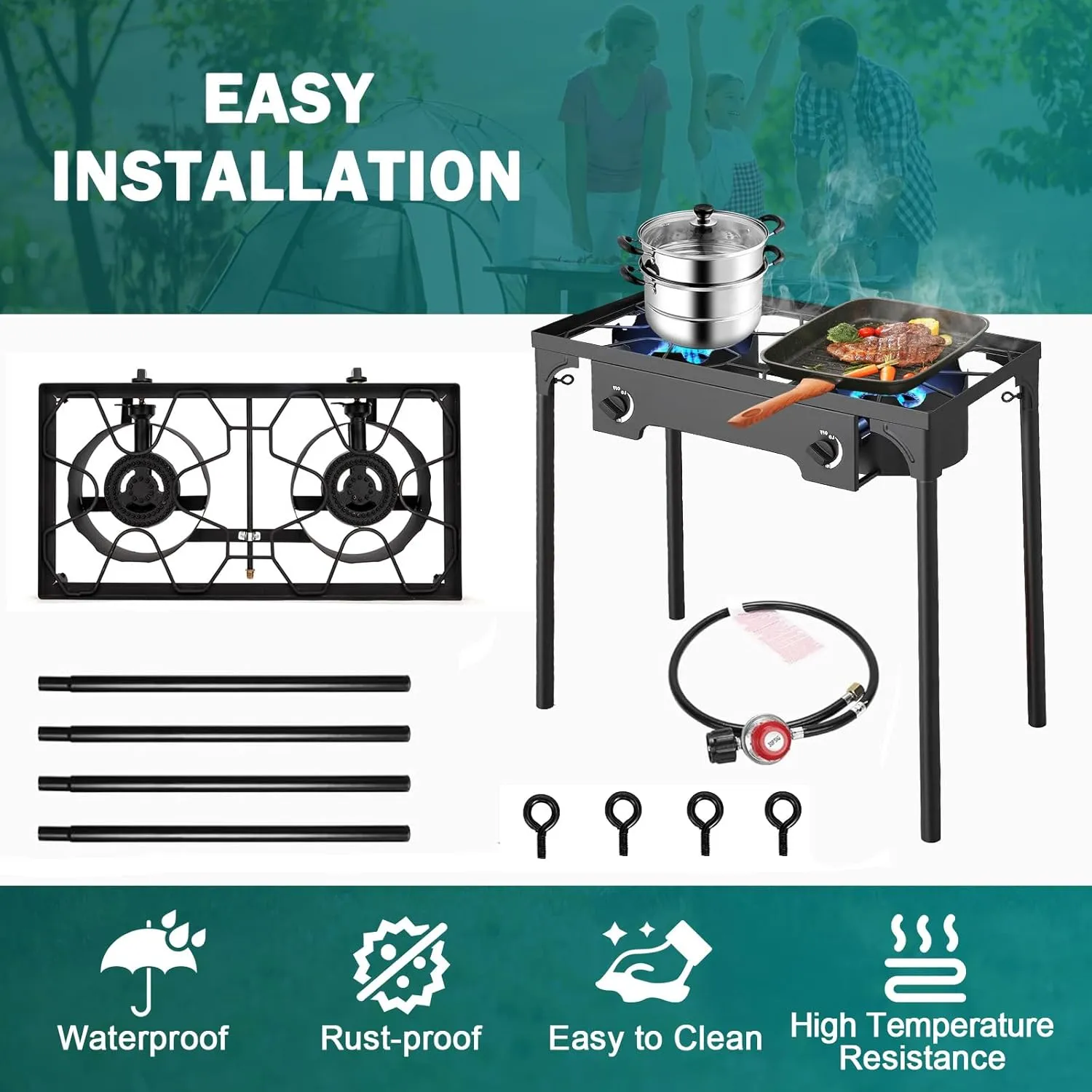 2 Burner Propane Gas Stove | 150K BTU High-Pressure Outdoor Cooker with Adjustable Regulator, Detachable Legs, Portable for Camping & Patio | Parrillas estufas de gas portátiles para cocinar afuera
