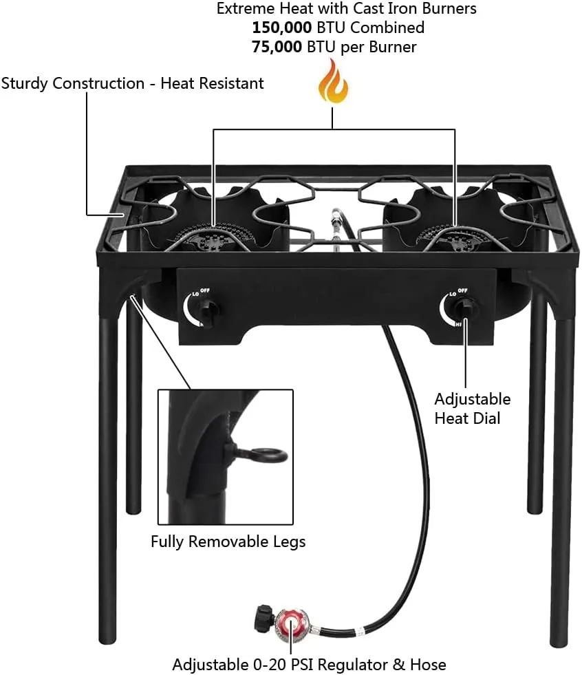 2 Burner Propane Gas Stove High Pressure Camping Stove Outdoor with Detachable Stand Legs for Backyard Cooking Camping Home Brewing Canning Turkey Frying, 20 PSI Regulator, 150,000 BTU