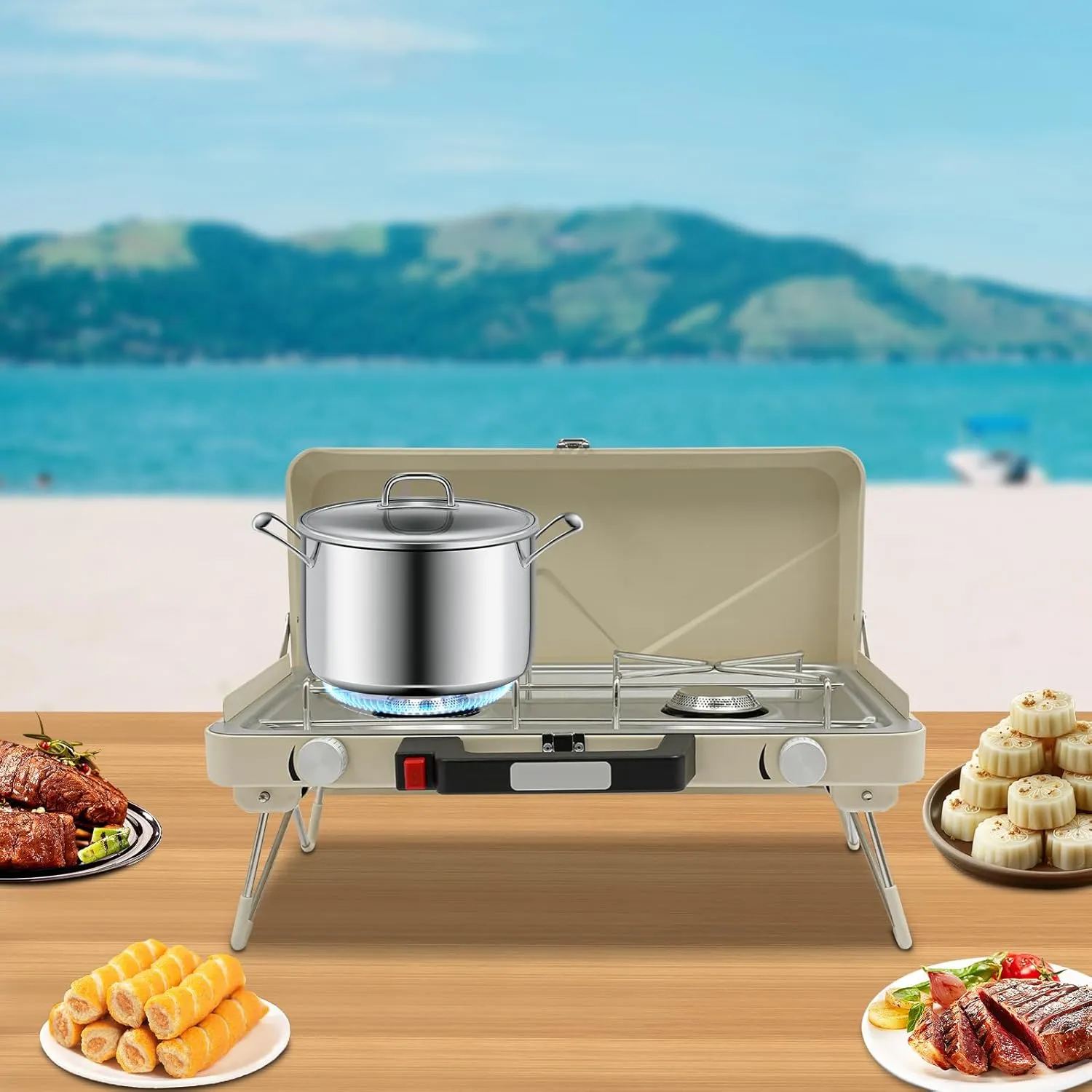 2-Burner Propane Stove Portable Camping Stove with Wind Guards & Legs Outdoor Rectangular Tabletop Camping Grill with Adjustable Push-Button Starter for Picnics, BBQ, Home (White)
