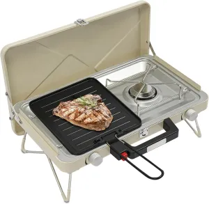 2-Burner Propane Stove Portable Camping Stove with Wind Guards & Legs Outdoor Rectangular Tabletop Camping Grill with Adjustable Push-Button Starter for Picnics, BBQ, Home (White)
