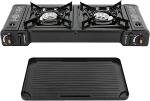 2 Burners Camping Stove Camping Cooking Grill with Grill Tray and Carry Case Lightweight Portable Outdoor Stove for Traveling Hiking Picnics Patio Barbecue Parties, 25.2x10.9x3.15in