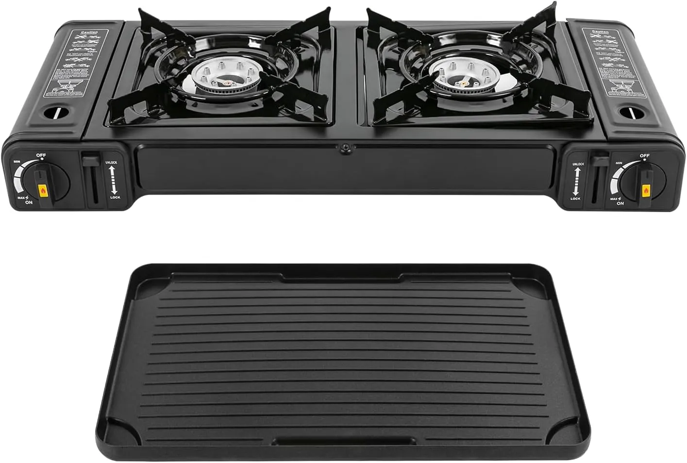 2 Burners Camping Stove Camping Cooking Grill with Grill Tray and Carry Case Lightweight Portable Outdoor Stove for Traveling Hiking Picnics Patio Barbecue Parties, 25.2x10.9x3.15in