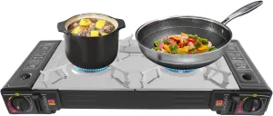 2 Burners Portable Butane Camping Stove, Portable Gas Stove with 2 Adjustable Burners & Grill Pan, Double Auto Ignition Camping Burner for Outdoor Cooking, Camping, RV, Apartments