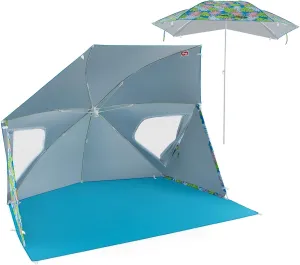 2-in-1 Beach Tent for 2-4 People, UPF 50  with Beach Umbrella with Roll-Up Windows, Dual Side Flaps, Groundsheet & Carry Bag, Beach Shade for Camping, Picnic & Sports Events