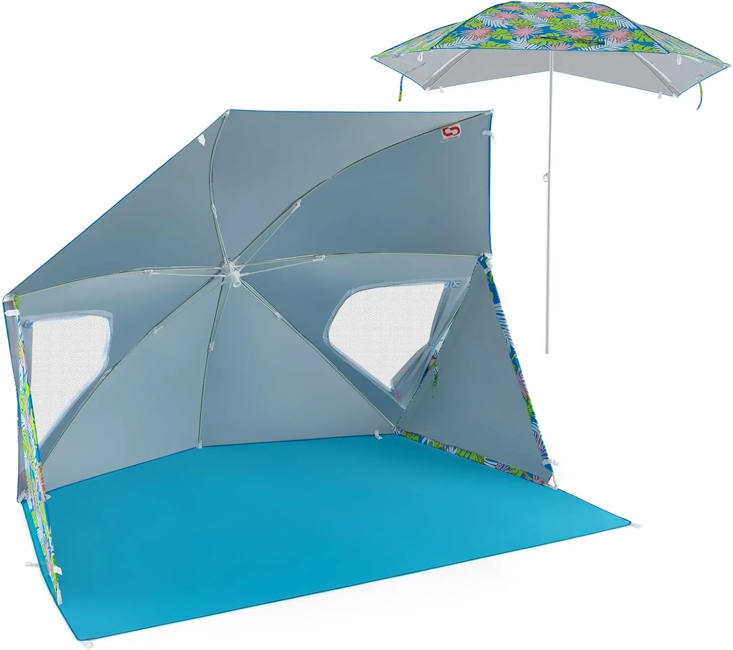 2-in-1 Beach Tent for 2-4 People, UPF 50  with Beach Umbrella with Roll-Up Windows, Dual Side Flaps, Groundsheet & Carry Bag, Beach Shade for Camping, Picnic & Sports Events