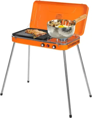 2-in-1 Gas Camping Stove, with Detachable Legs, Portable Outdoor BBQ Grill, Independent Temperature Control, Tabletop Burners Cooker for Party, Camping, Picnics, Backyards (5860BTU×2)