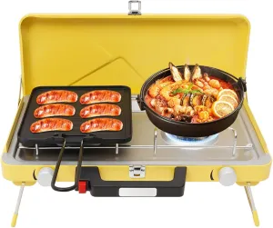 2-in-1 Portable Dual-Burner Camping Stove with Grill Tray- High-Performance Outdoor Cooking Gas Stove for Camping, Picnics & Hiking (Yellow)