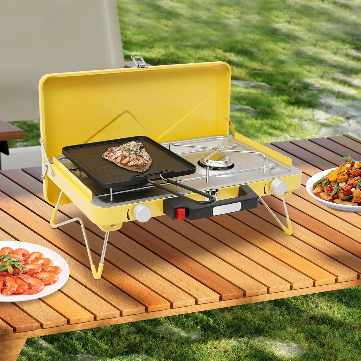 2-in-1 Portable Dual-Burner Camping Stove with Grill Tray- High-Performance Outdoor Cooking Gas Stove for Camping, Picnics & Hiking (Yellow)