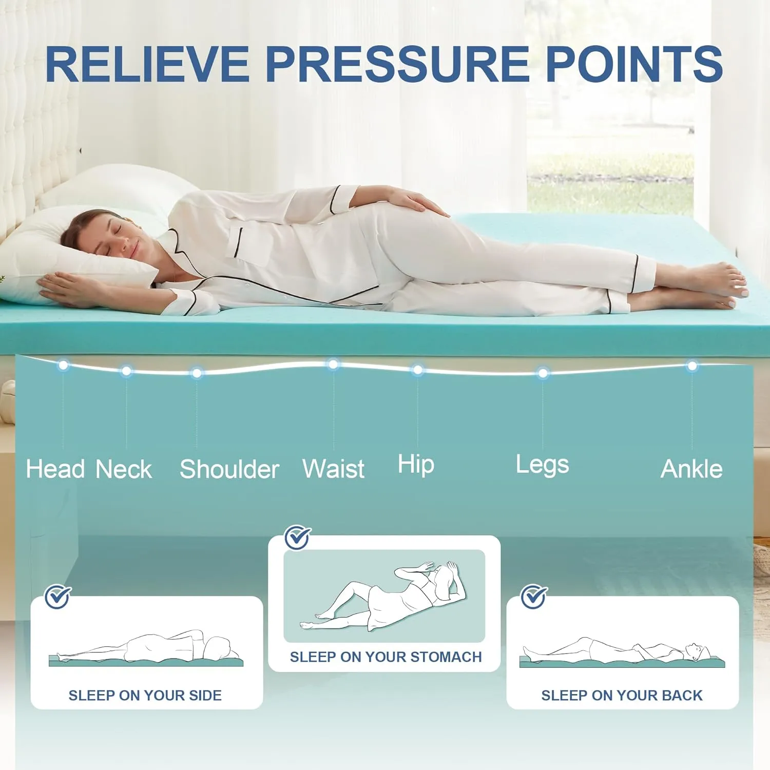 2 Inch Memory Foam Mattress Topper Twin, Mattress Pad Gel Infused Foam Bed Topper, Ventilated Soft Blue,Twin Size