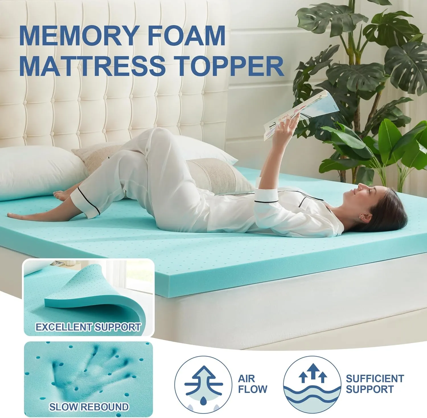 2 Inch Memory Foam Mattress Topper Twin, Mattress Pad Gel Infused Foam Bed Topper, Ventilated Soft Blue,Twin Size
