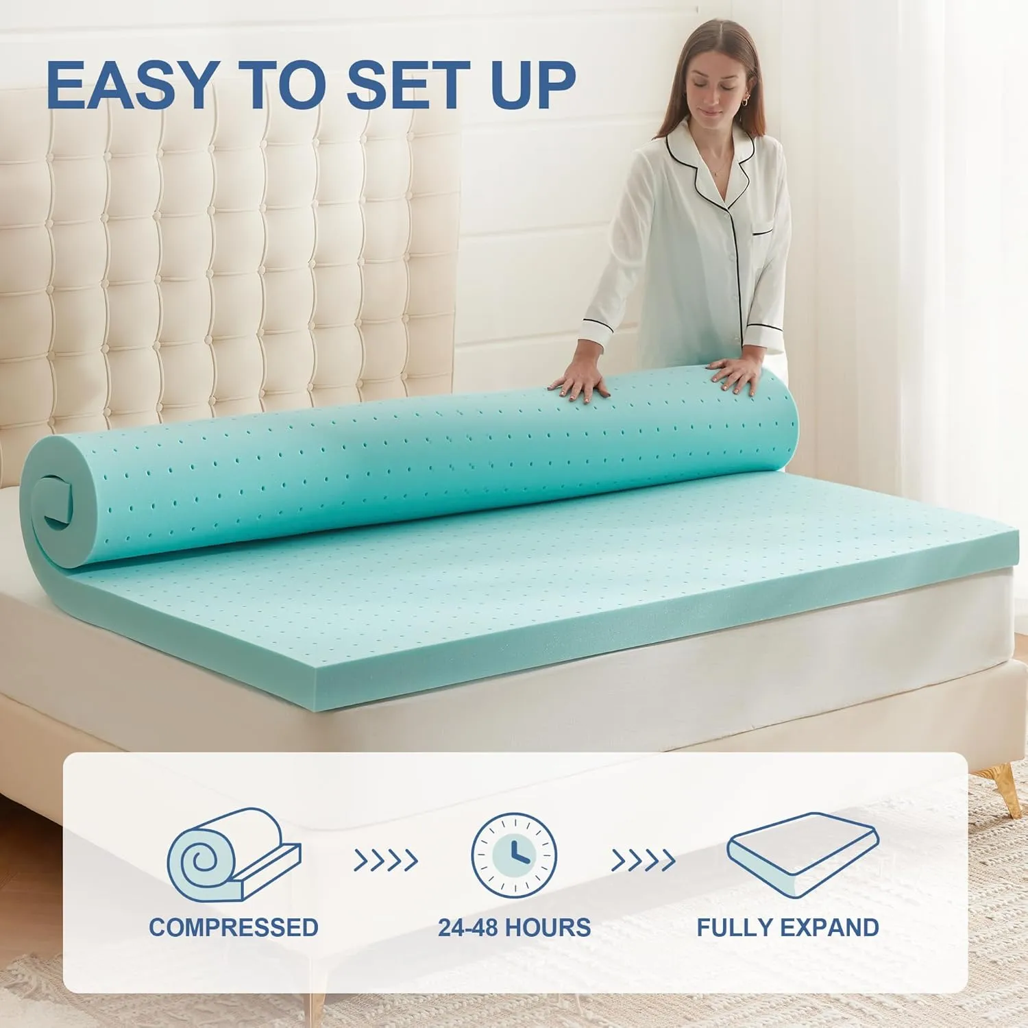 2 Inch Memory Foam Mattress Topper Twin, Mattress Pad Gel Infused Foam Bed Topper, Ventilated Soft Blue,Twin Size