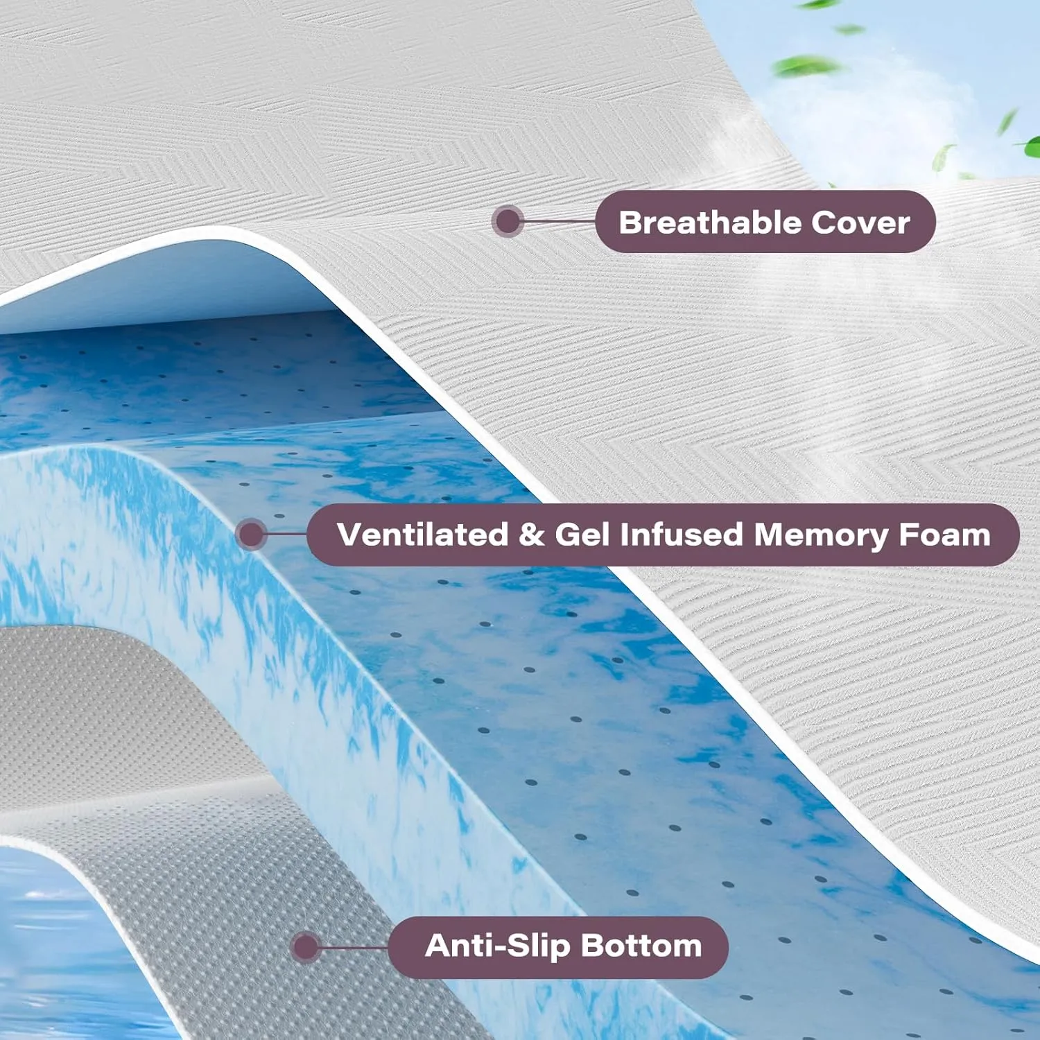 2 Inch Memory Foam Mattress Topper Twin Size Ventilated Breathable Cooling Mattress Pad with Removable Soft Cover Portable Bed Topper for Back Pain and Pressure Relief, CertiPUR-US Certified