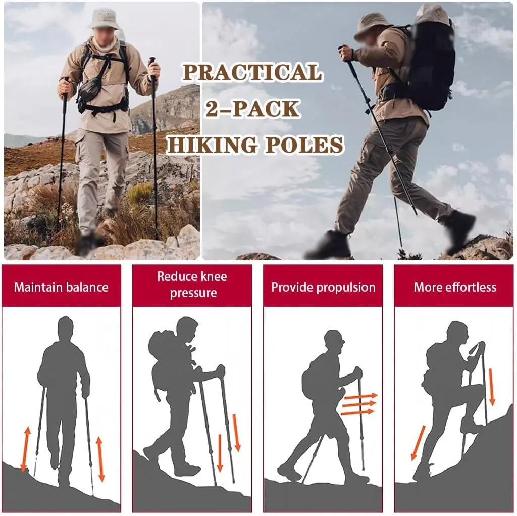 2-Pack Family Outdoor Trekking Poles, Three-Section Telescopic Design, Carbon Fiber Durable Hiking Sticks, for Men and Women